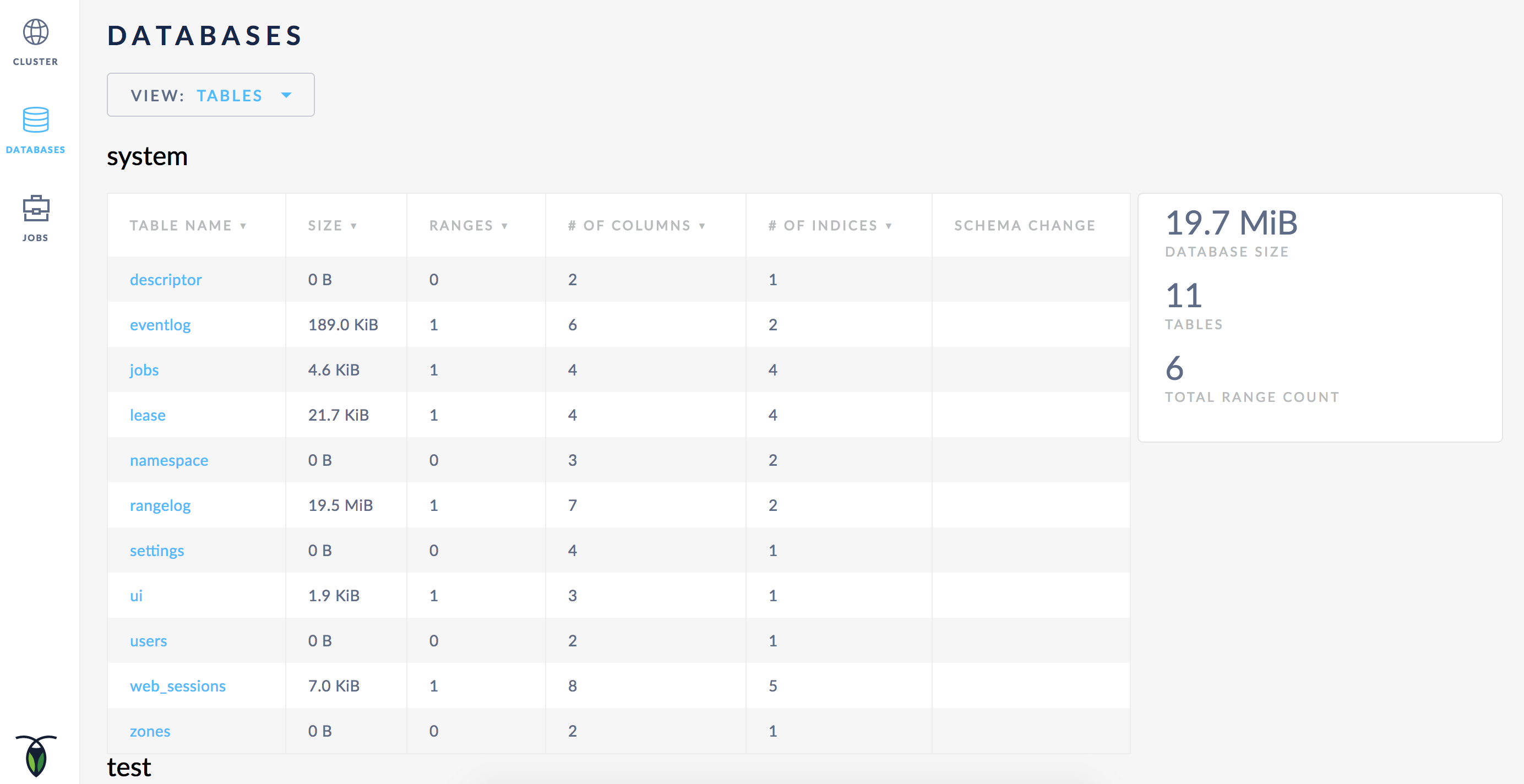 CockroachDB Admin UI Database Tables View